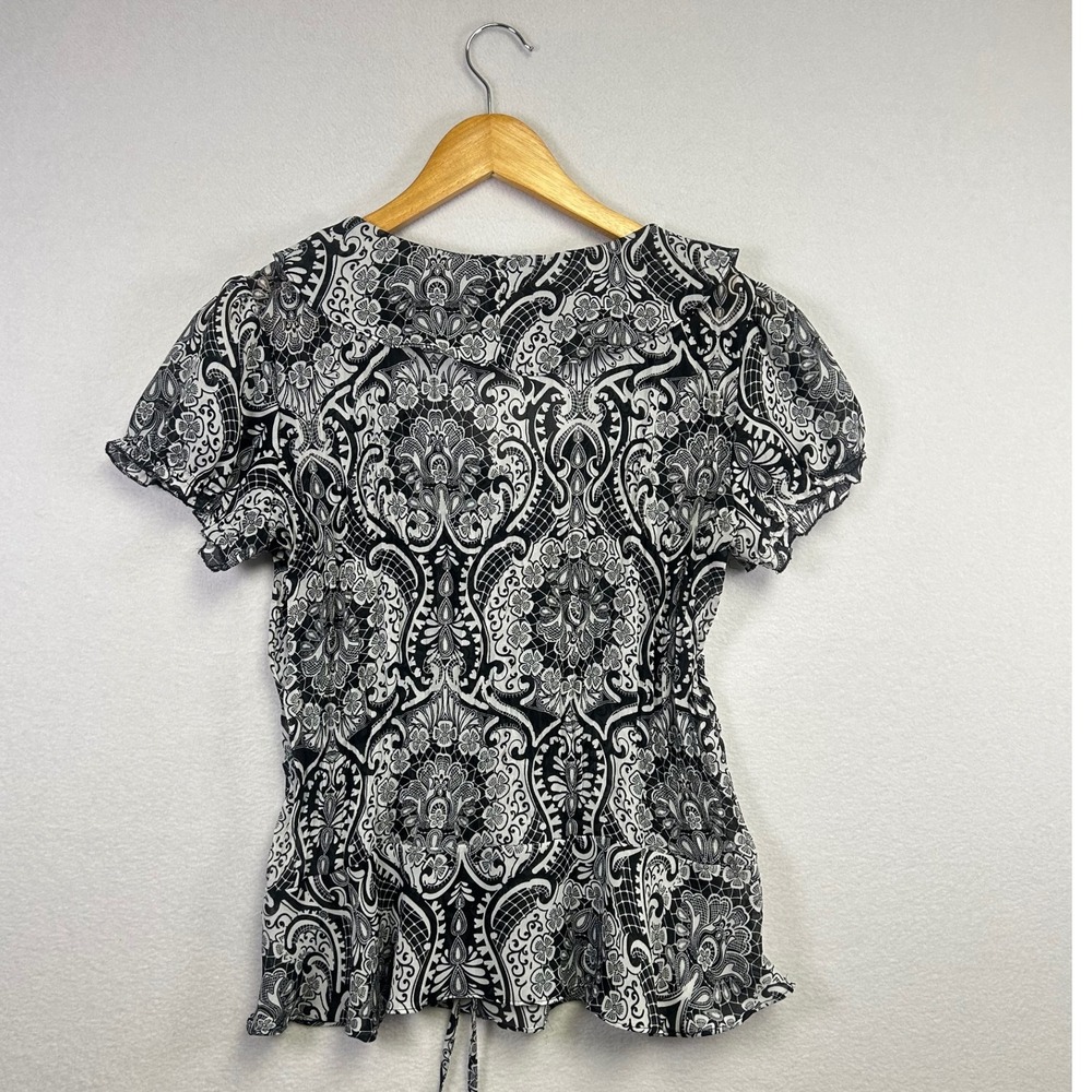 Allison‎ Taylor Black White Paisley Print Peasant Blouse Short Sleeve Women's S - Picture 5 of 8